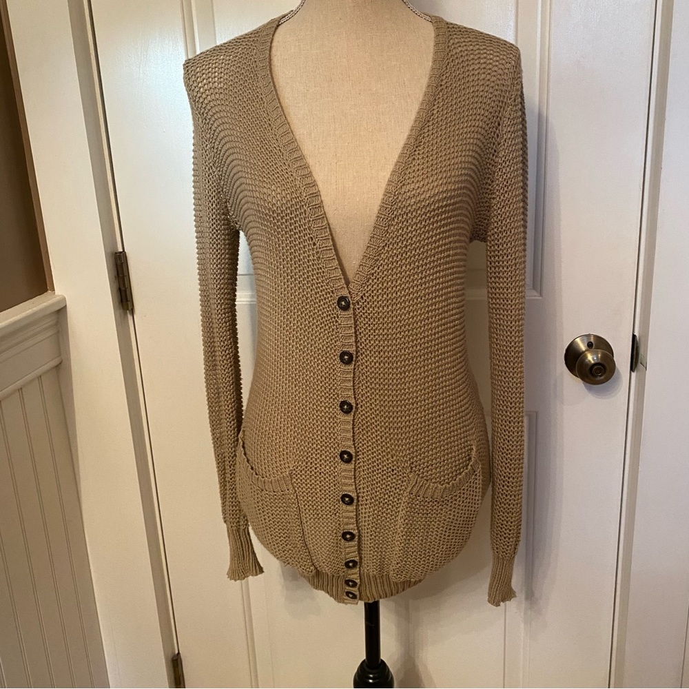 WOODEN SHIPS SWEATER CARDIGAN TAN OPEN KNIT V-NECK BUTTONS POCKETS SIZE S/M